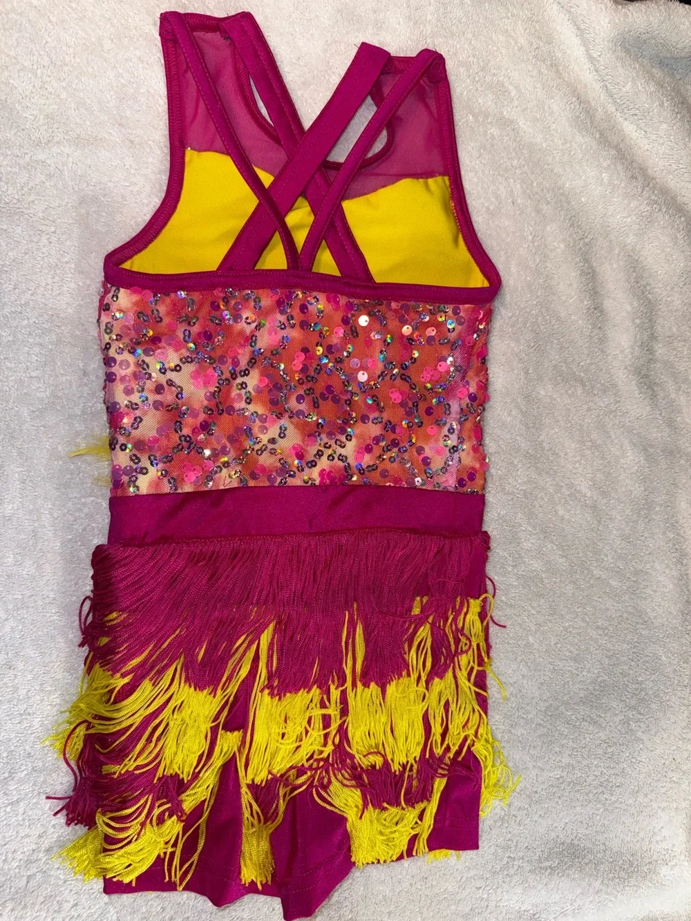 Weissman fuchsia and yellow sequin fringe dance costume‎
